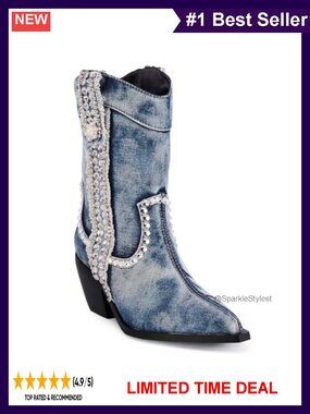 Women's Denim Rhinestone Mid-Calf Western Cowboy Boots Chunky Heel
